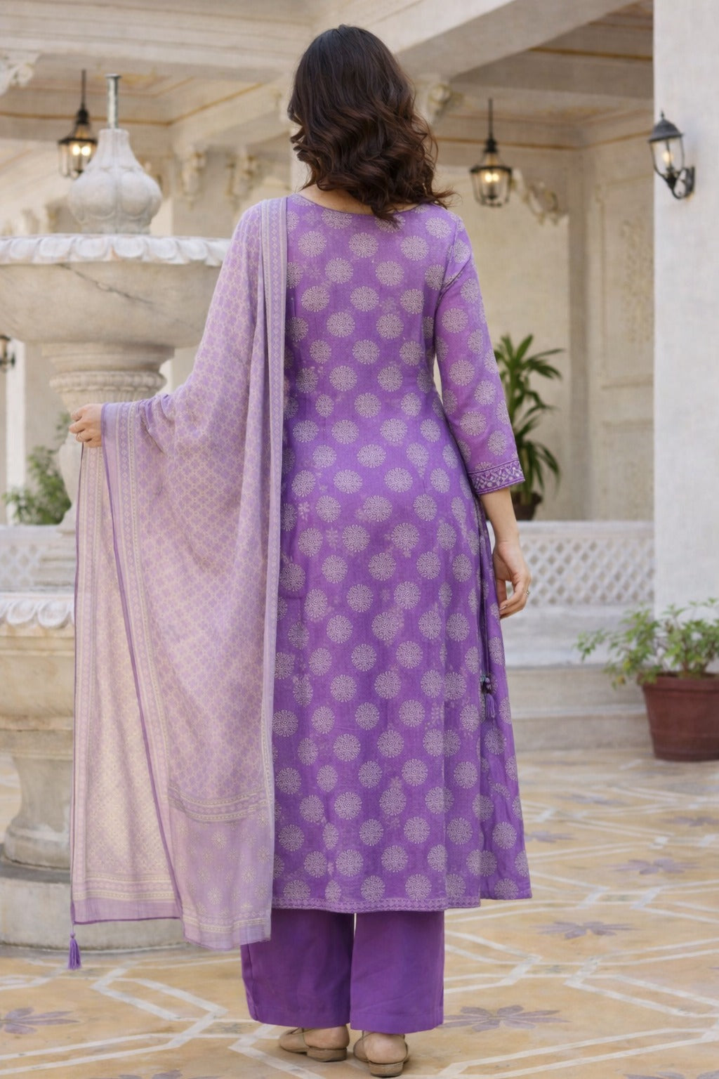 Lavender Cotton Bagru Handblock Kurta Set With Matching Dupatta