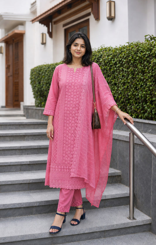 Pink Chikankari Embroidered Georgette Kurta Pant Set With Dupatta