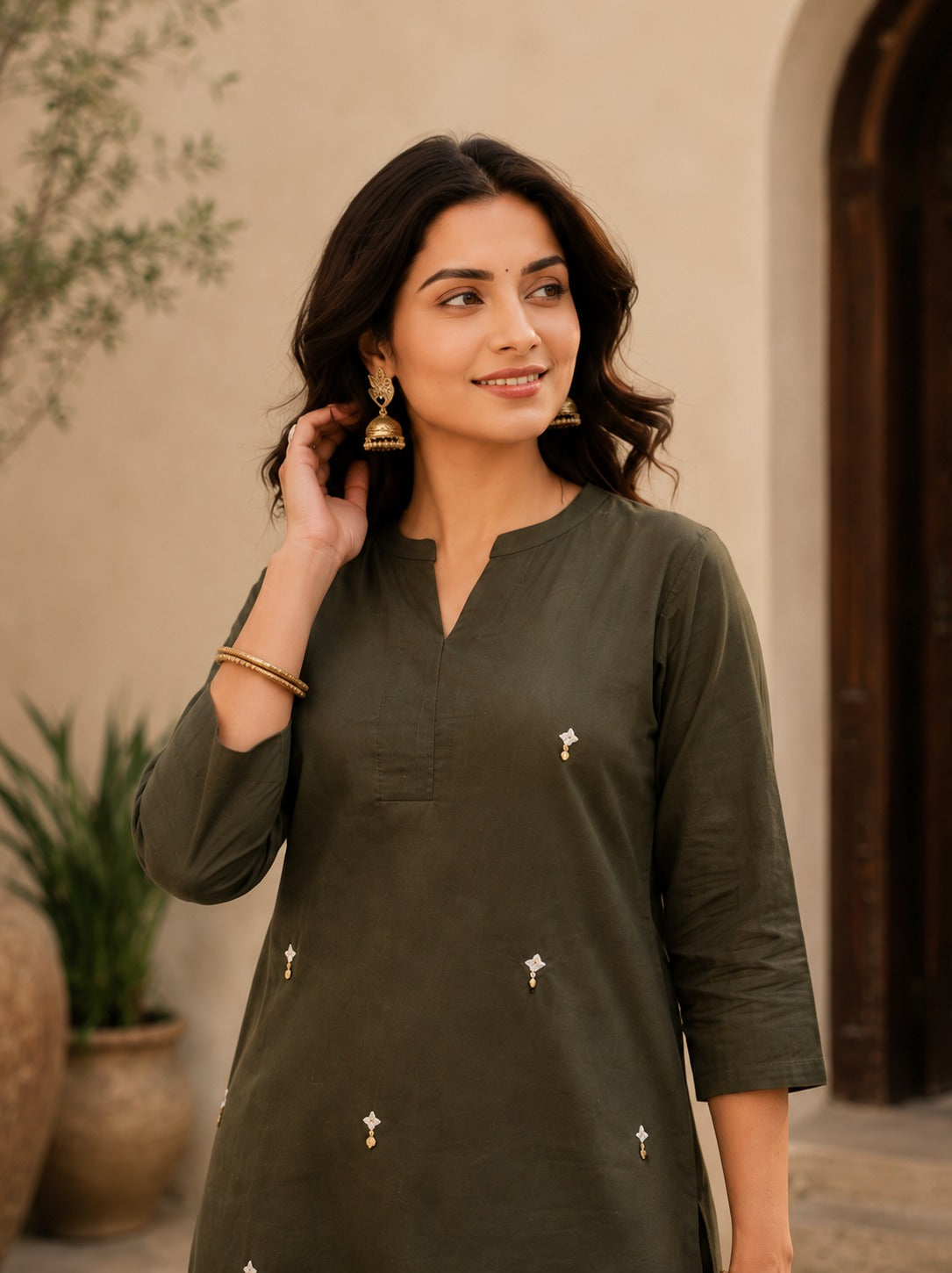 Military Green Pure Cambric Cotton Kurta Pant Set