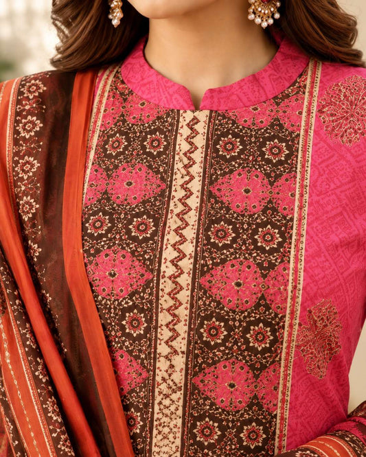 Vibrant Pink Cotton Floral Printed Suit Set Paired With Bagru Printed Lightweight Dupatta