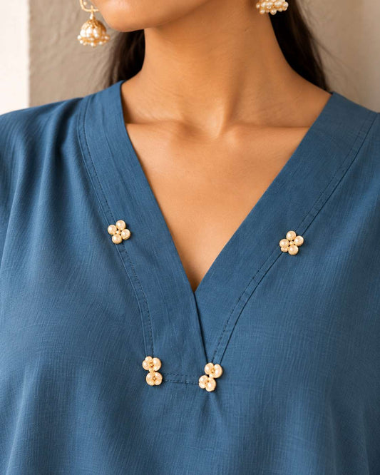 Blue Cotton Kurta with Printed Palazzo Set