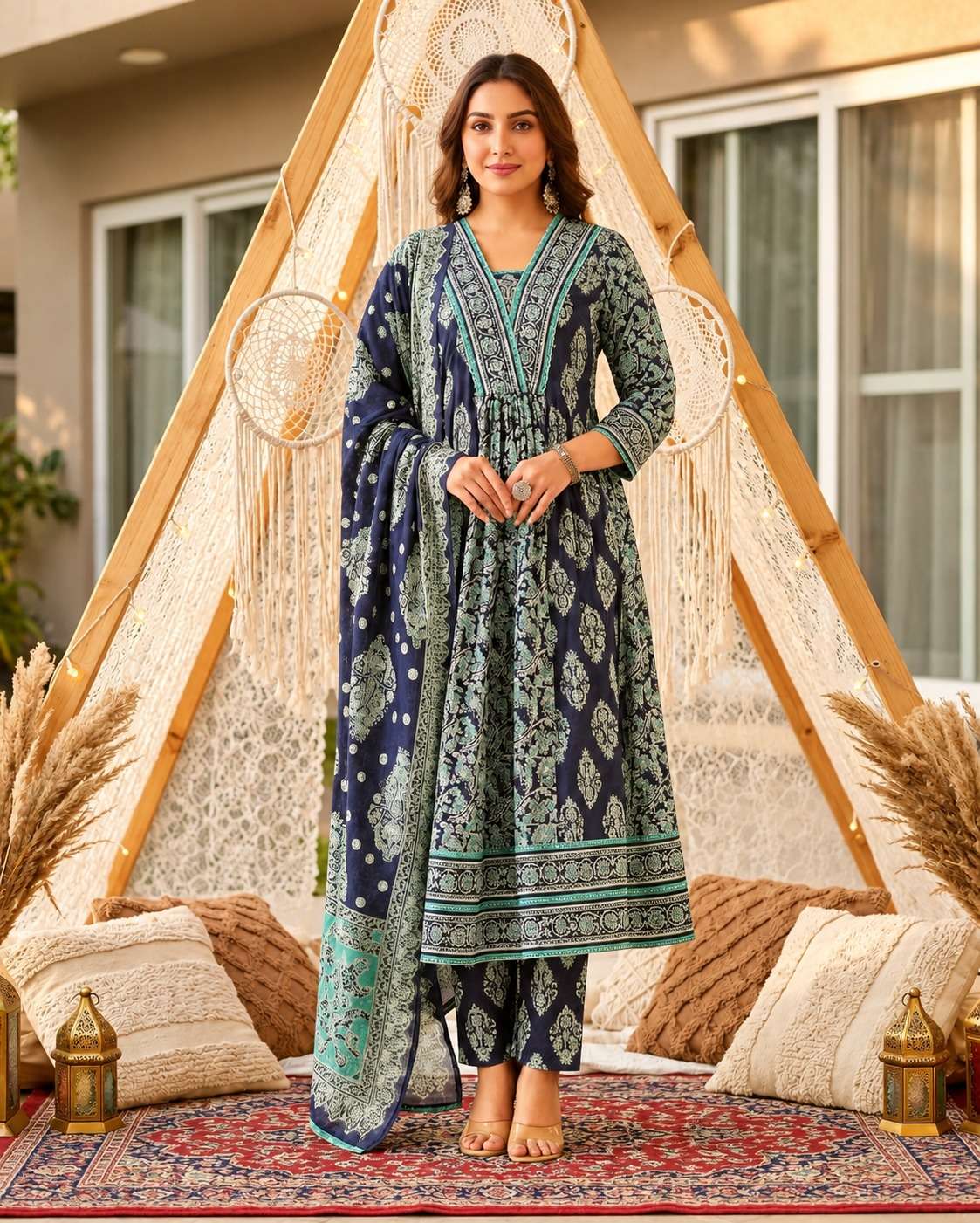 Navy Blue Sangneri Print Cotton Lawn Suit Set With a Coordinated Dupatta