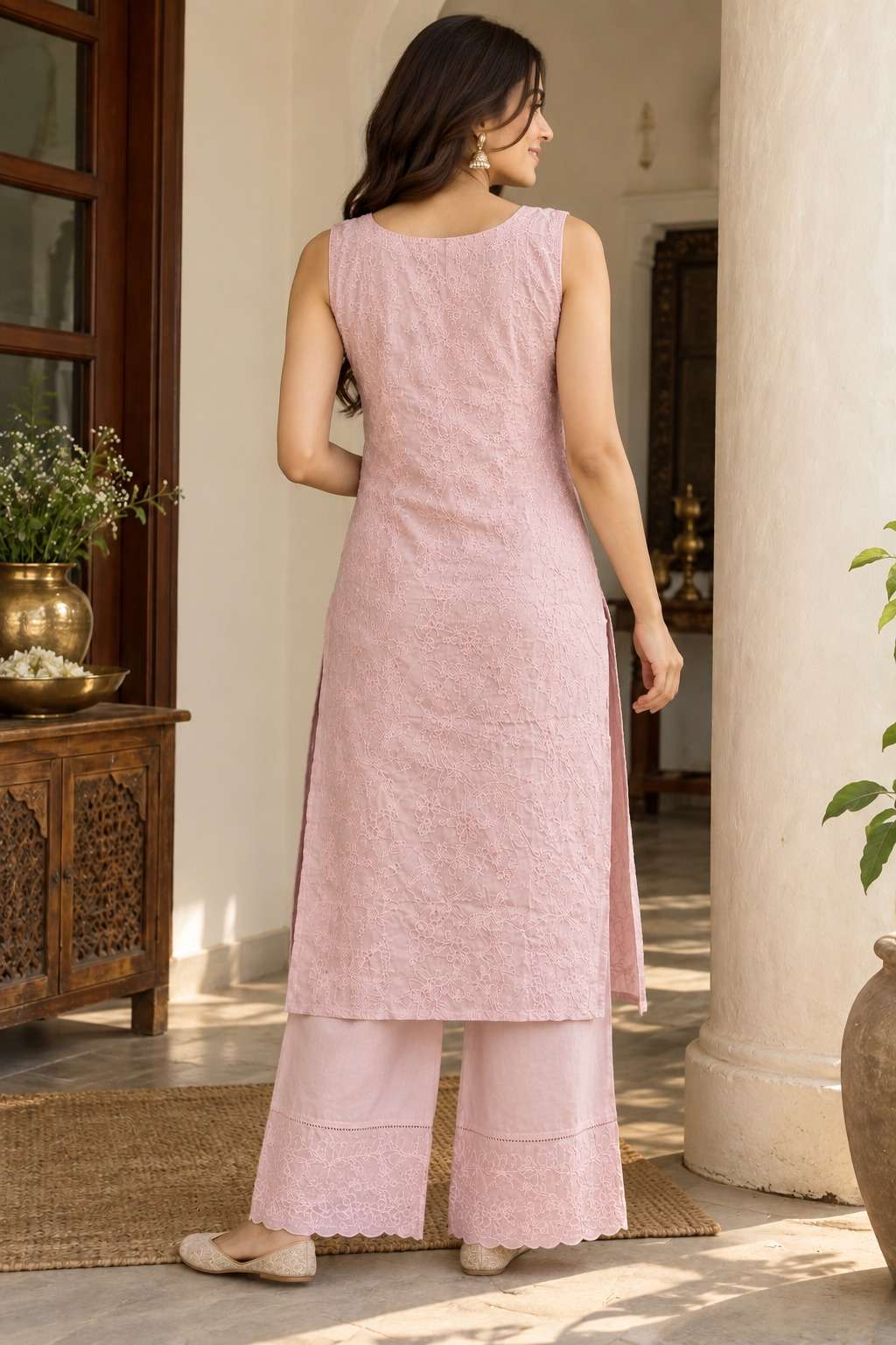 Peach Embroidered Viscose Kurta Pant Set