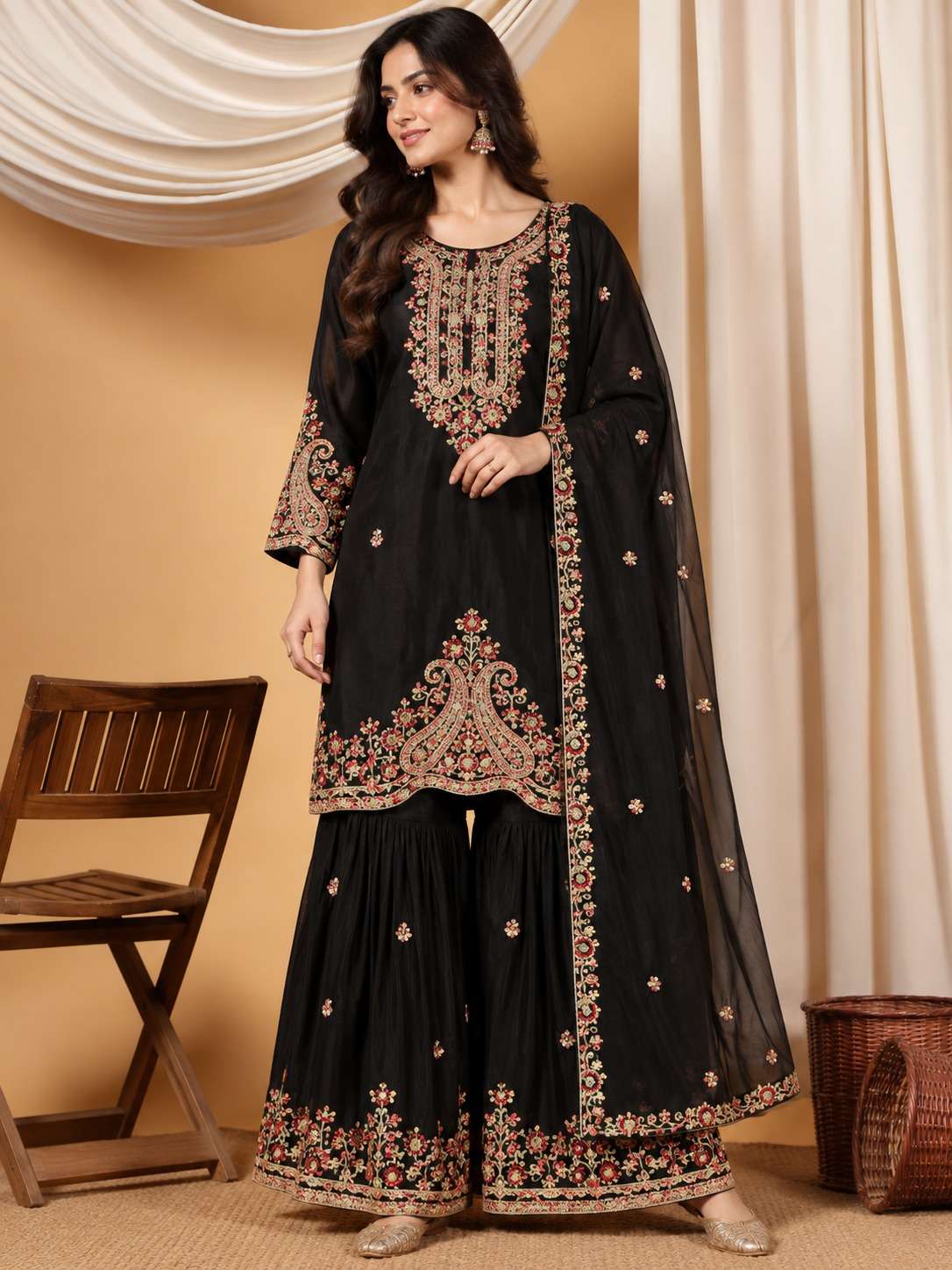 Black Embroidered Chinon Kurta Gharara and Dupatta Set