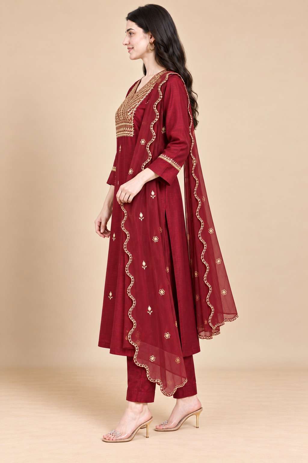 Wine Embroidered Dola Silk Straight Kurta and Pant with Dupatta