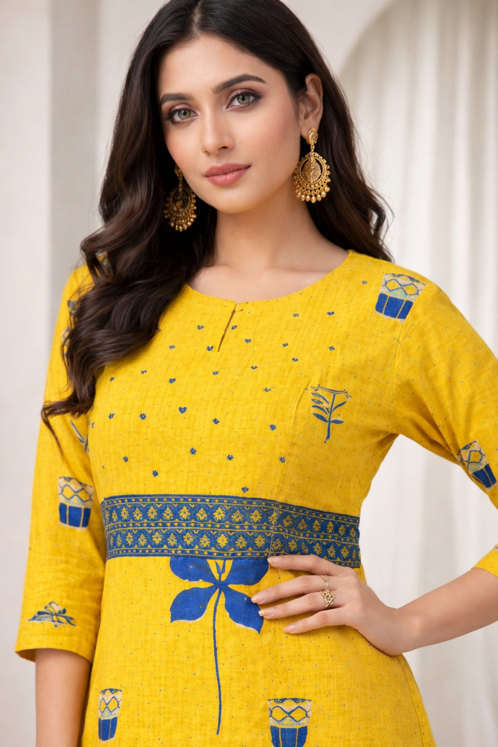 Mustard Yellow with Blue Print Cotton Kurta Pant Set