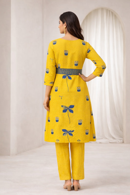 Mustard Yellow with Blue Print Cotton Kurta Pant Set