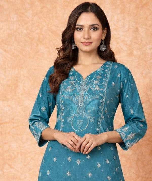Teal Floral Printed Rayon Kurta Pant Set