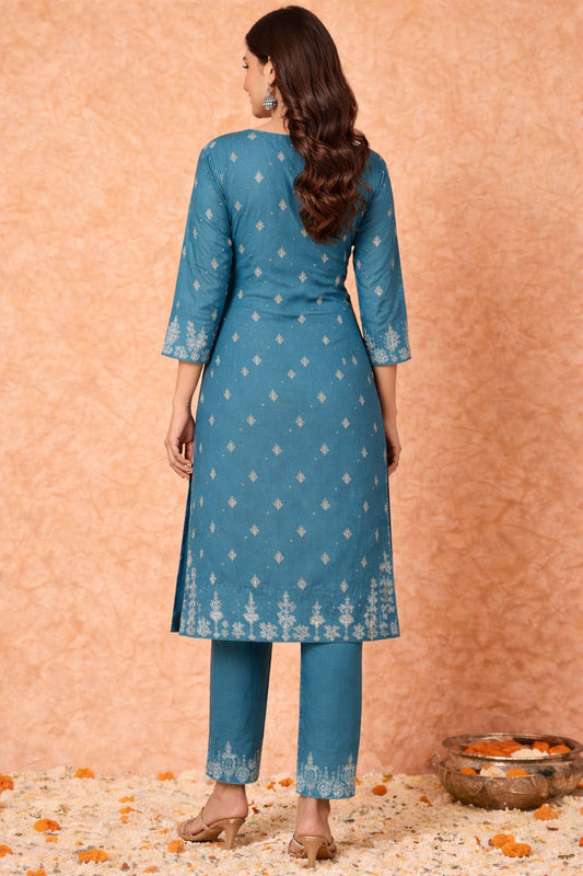 Teal Floral Printed Rayon Kurta Pant Set