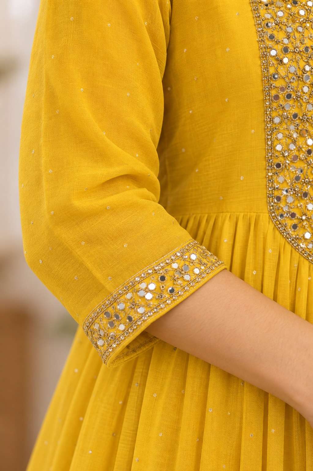 Yellow Mul Chanderi Embroidered Anarkali Kurta and Farshi With Dupatta