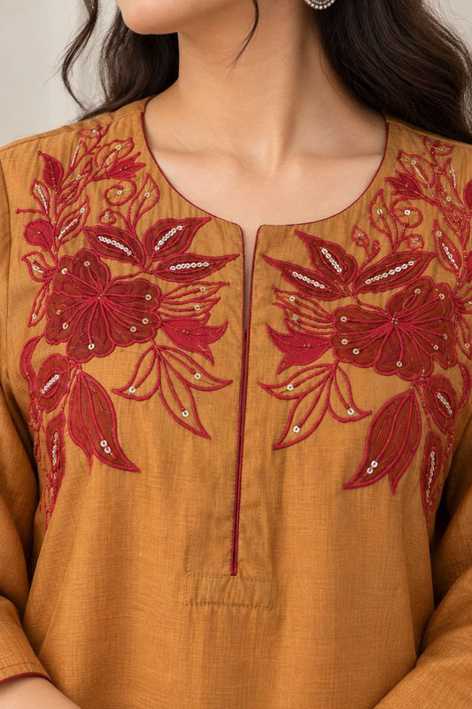 Tan Brown Embroidered Cotton Blend Kurta Pant Set