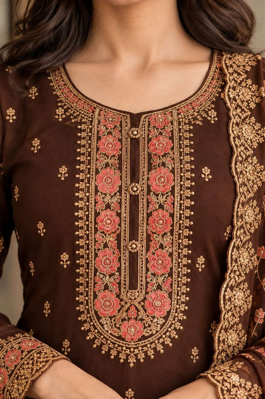 Semi Stitched Dark Purple Georgette With Ornate Embroidery Suit Material