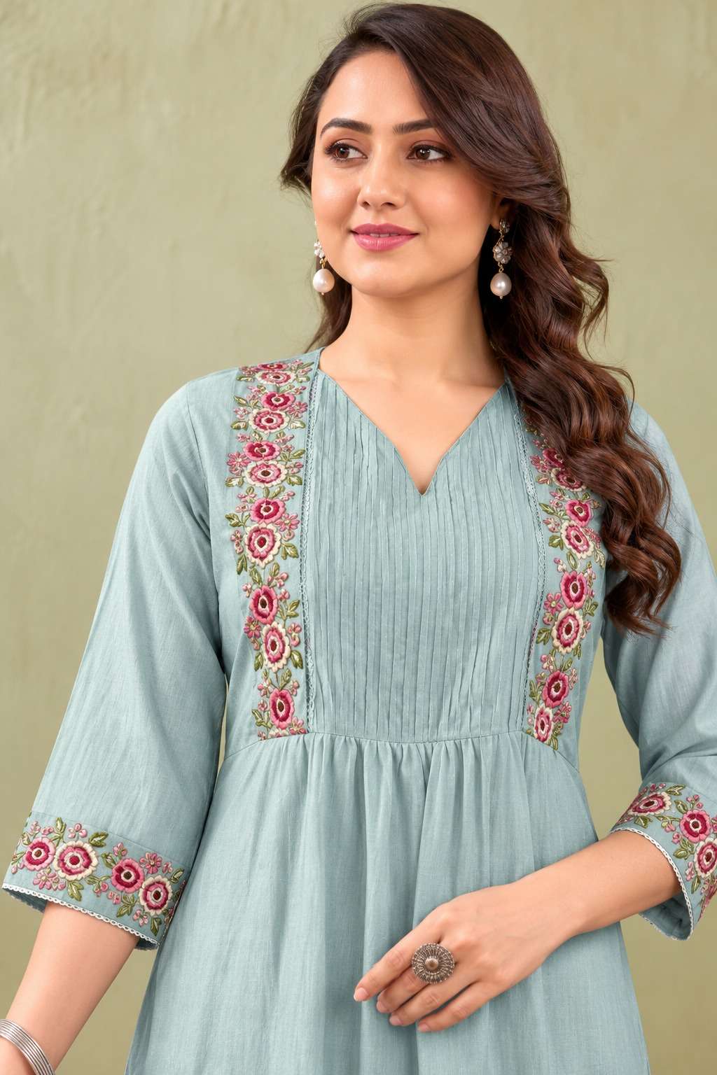 Powder Blue Floral Embroidered Cotton Blend Kurta Pant Set