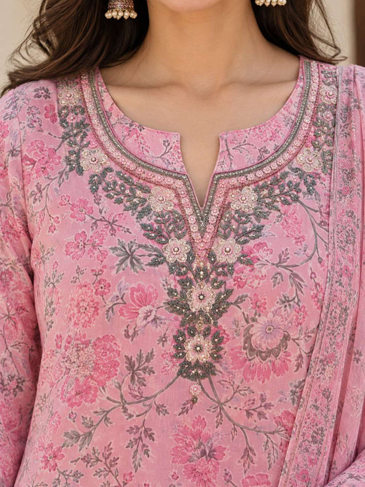 Pink Floral Printed Cotton Blend Kurta And Pant With Dupatta