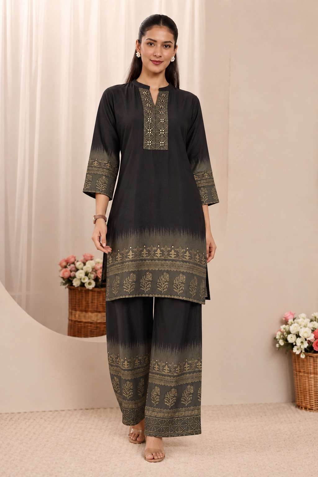 Black Embroidered Gajji Silk Kurta pant set
