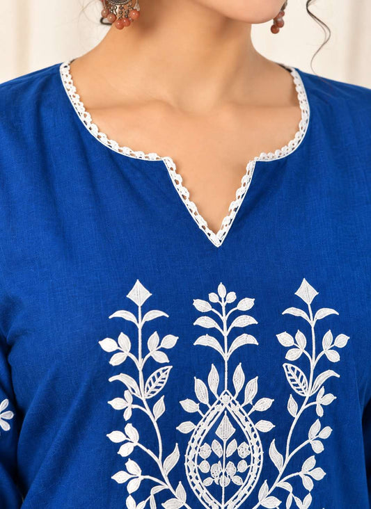 Royal Blue Embroidered Cotton Blend Kurta Pant Set