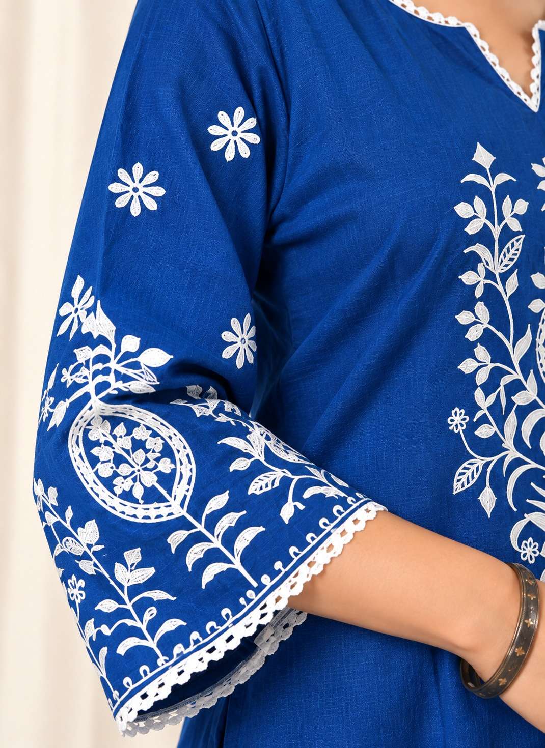 Royal Blue Embroidered Cotton Blend Kurta Pant Set