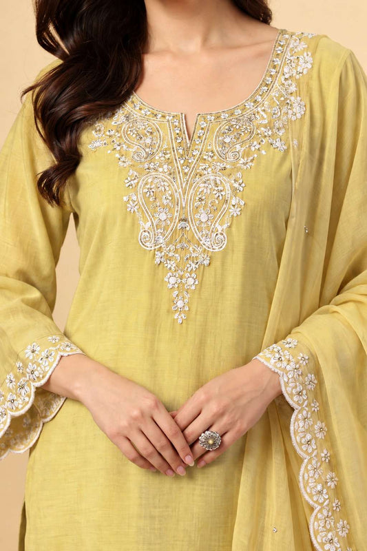 Cream Embroidered Mul Chanderi Kurta and Pant with Dupatta