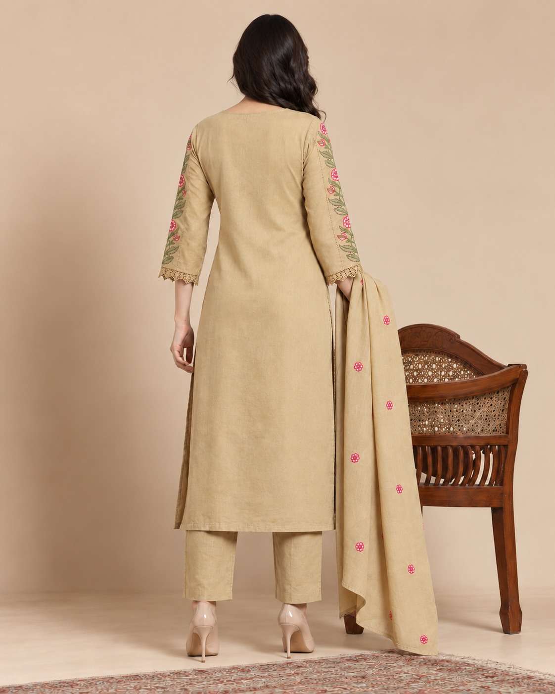 Cream Embroidered Mul Cotton Kurta and Printed Pant with Dupatta
