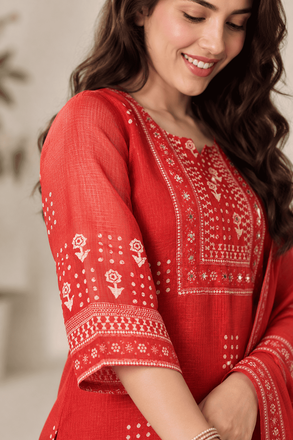 Rust Red Printed Kota Doria Kurta Pant and Dupatta