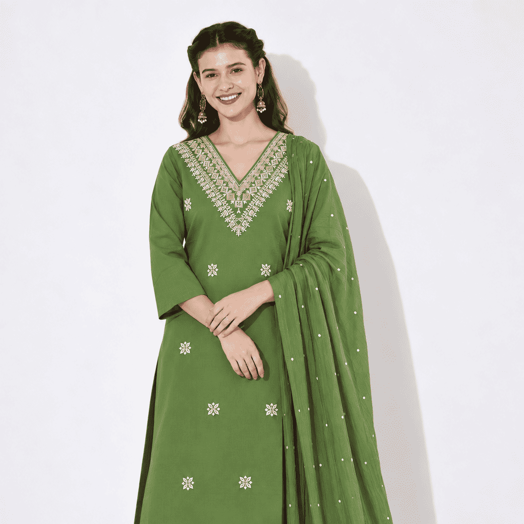 Green Embroidered Cotton Blend Kurta Pant and Dupatta