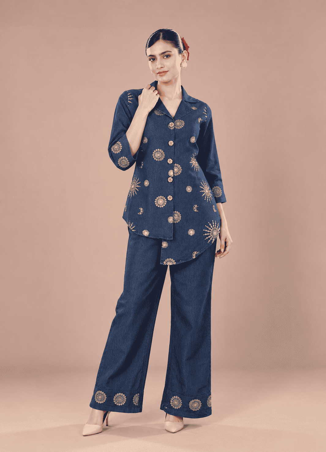 Navy Blue Embroidered Denim Co-ord Set