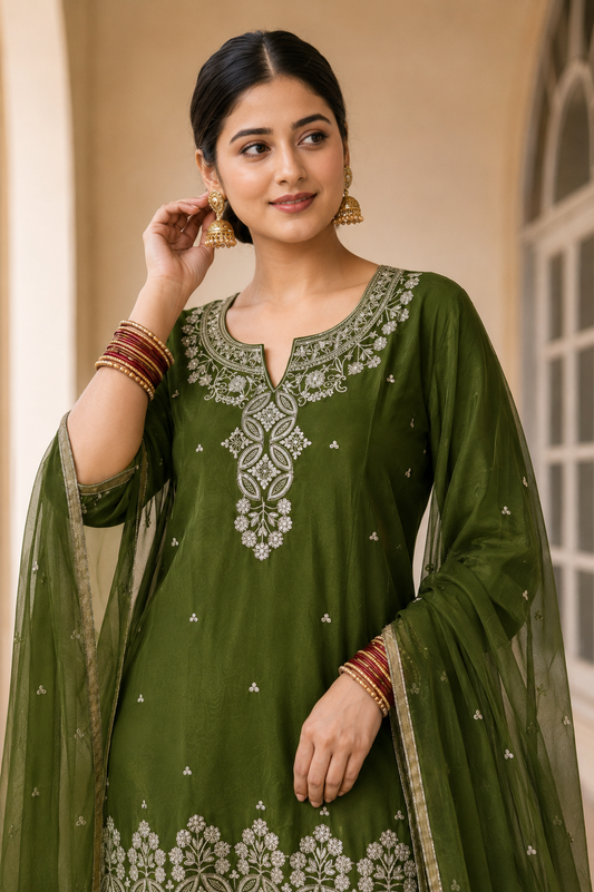 Mehendi Green Rangoli Crush Embroidered Kurta and Wide Palazzo with Dupatta
