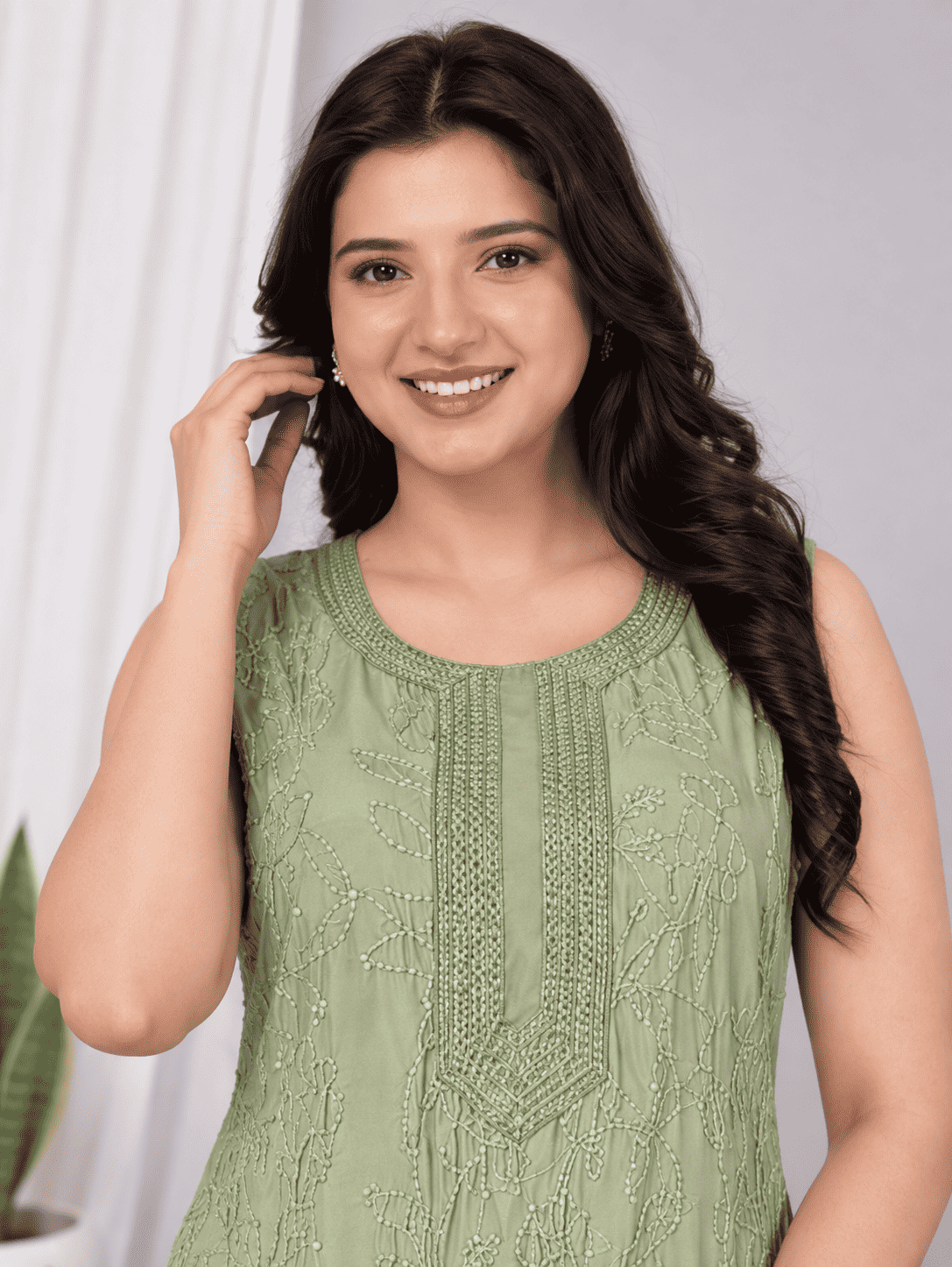 Sage Green Embroidered Viscose Kurta Pant Set
