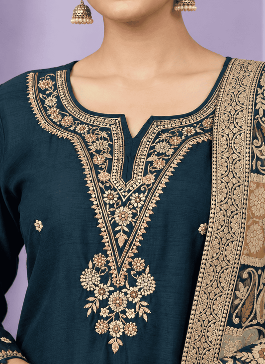 Navy Blue Embroidered Dola Silk Kurta and Pant with dupatta