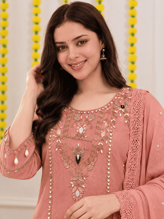 Pink Mul Chanderi Embroidered Kurta and Pant With Dupatta