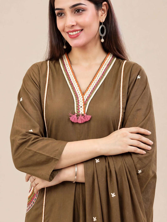 Brown Embroidered Cotton Kurta and Pant with Dupatta