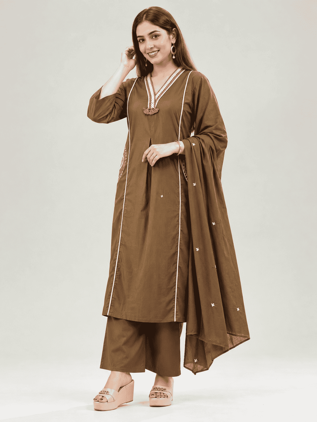 Brown Embroidered Cotton Kurta and Pant with Dupatta