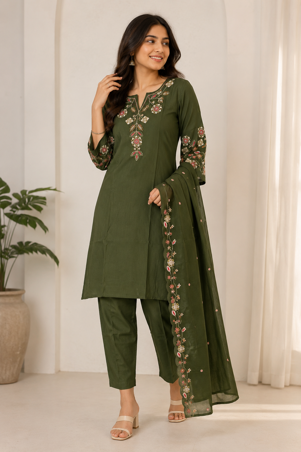 Mehendi Green Silk Blend Embroidered Kurta and Pant with Dupatta