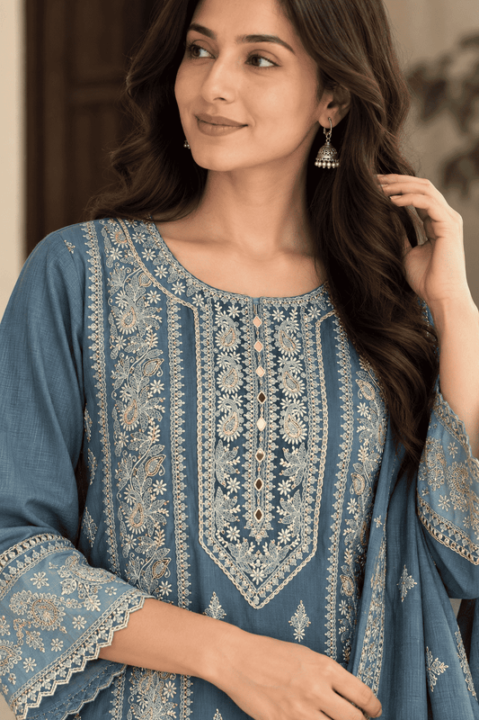 Dusty Blue Embroidered Cotton Kurta Pant and Dupatta