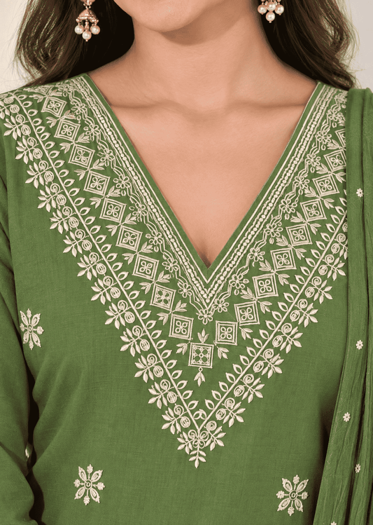 Green Embroidered Cotton Blend Kurta Pant and Dupatta