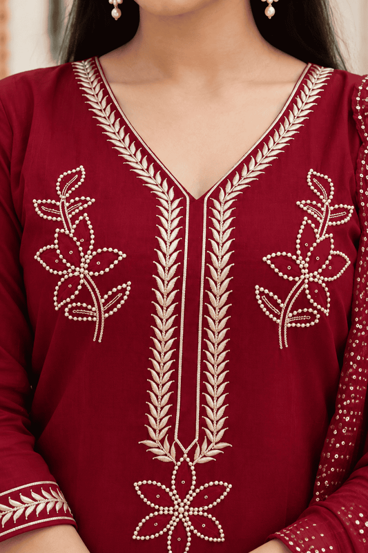 Magenta Embroidered Cotton Blend Kurta Pant and Dupatta