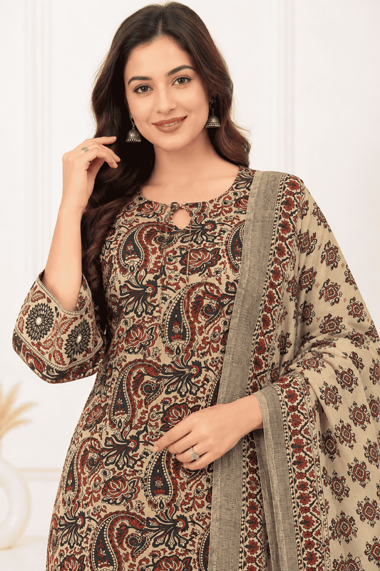 Ivory, Maroon & Deep Indigo Printed Cotton Blend Kurta Pant and Dupatta