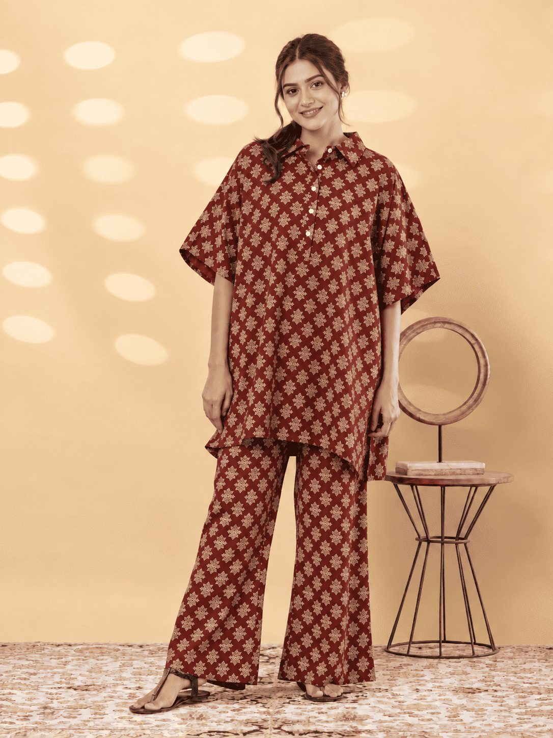 Maroon Printed Cotton Blend Co-ord Set