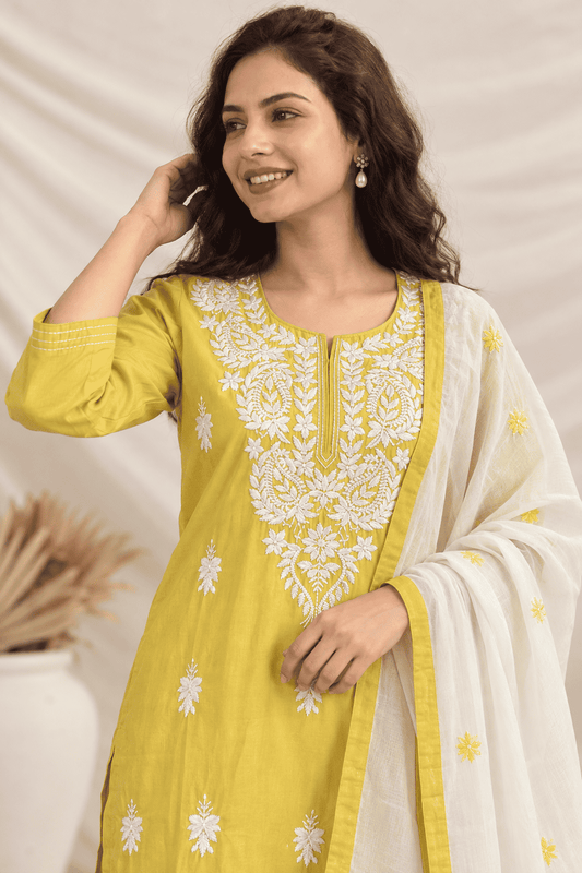 Yellow Embroidered Cotton Blend Kurta Pant and Dupatta