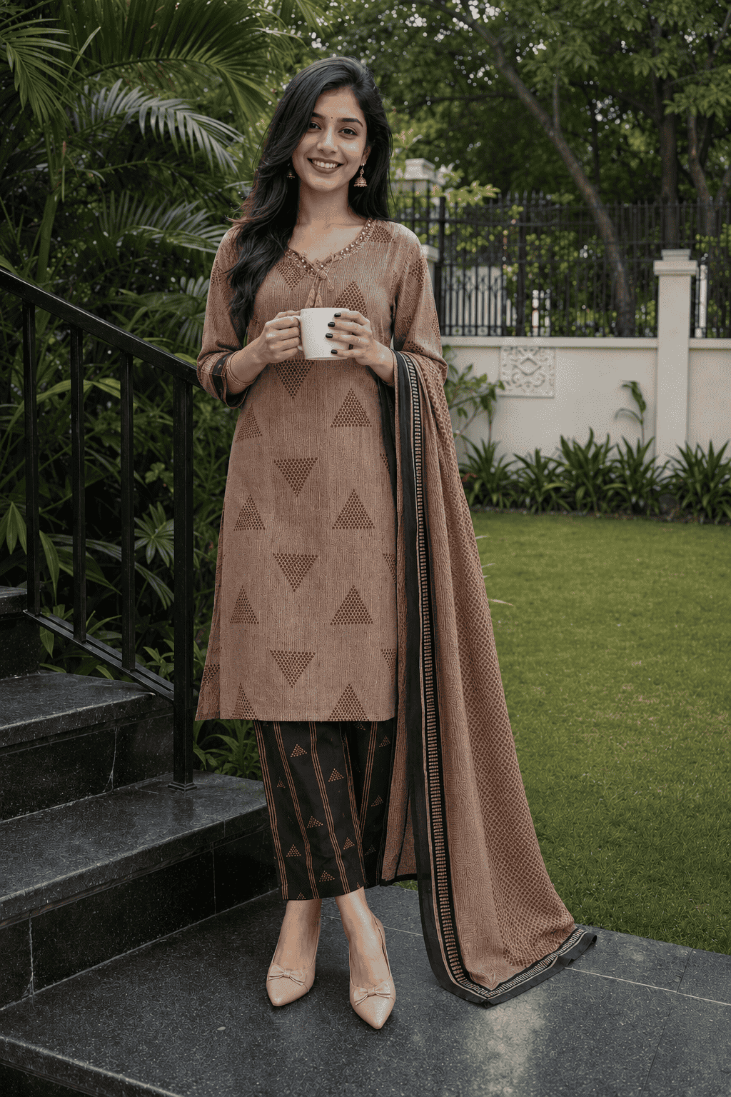 Taupe and Black Printed Cotton Blend Kurta and Pant with Dupatta