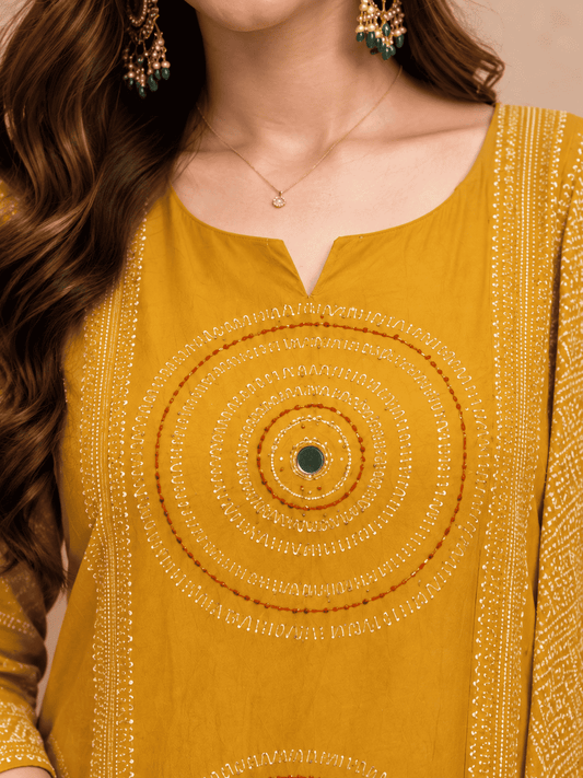 Mustard Yellow Printed Cotton Kurta and pant with dupatta