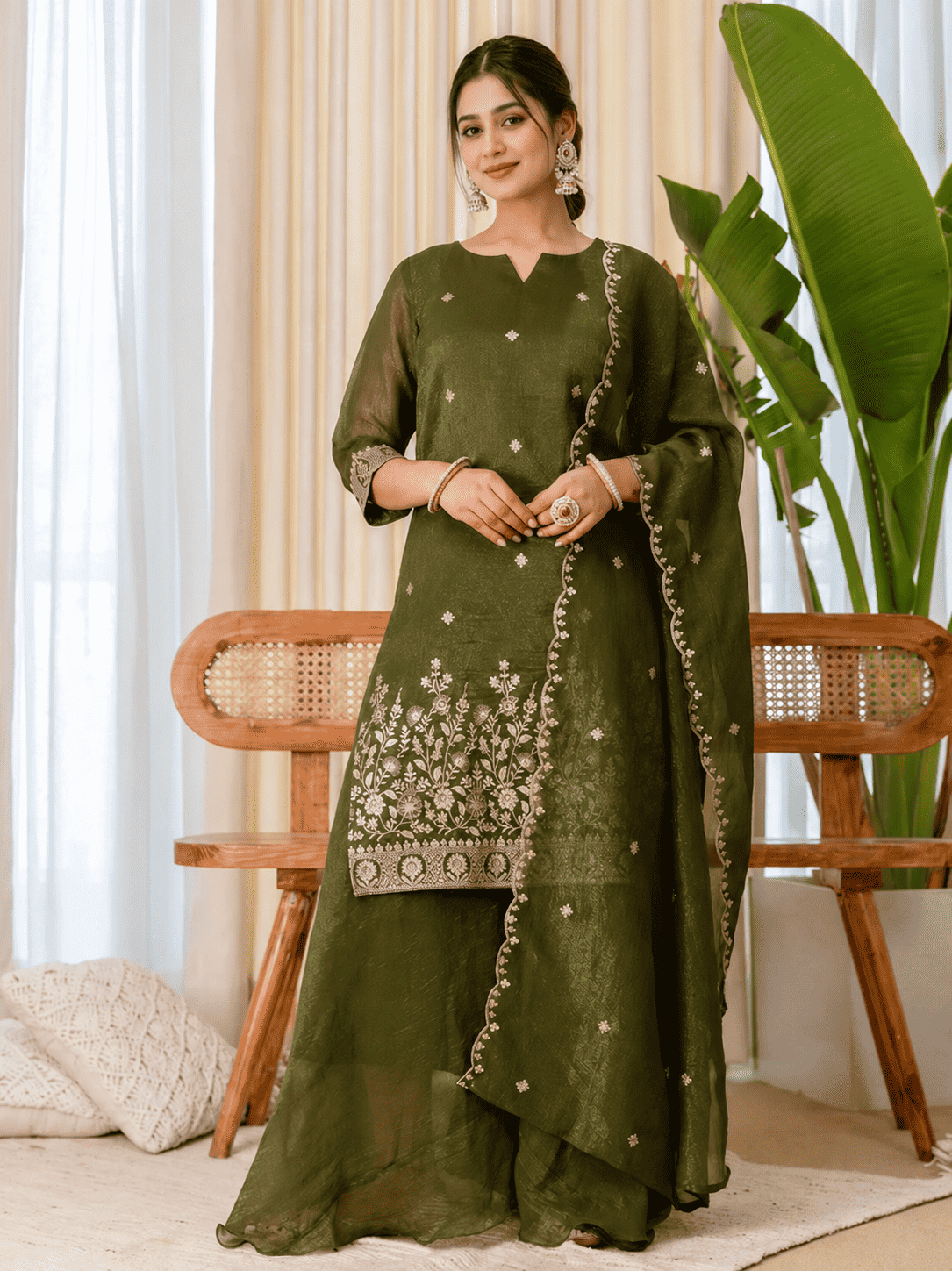 Mehendi Green Rangoli Crush Embroidered Kurta and Wide Palazzo with Dupatta