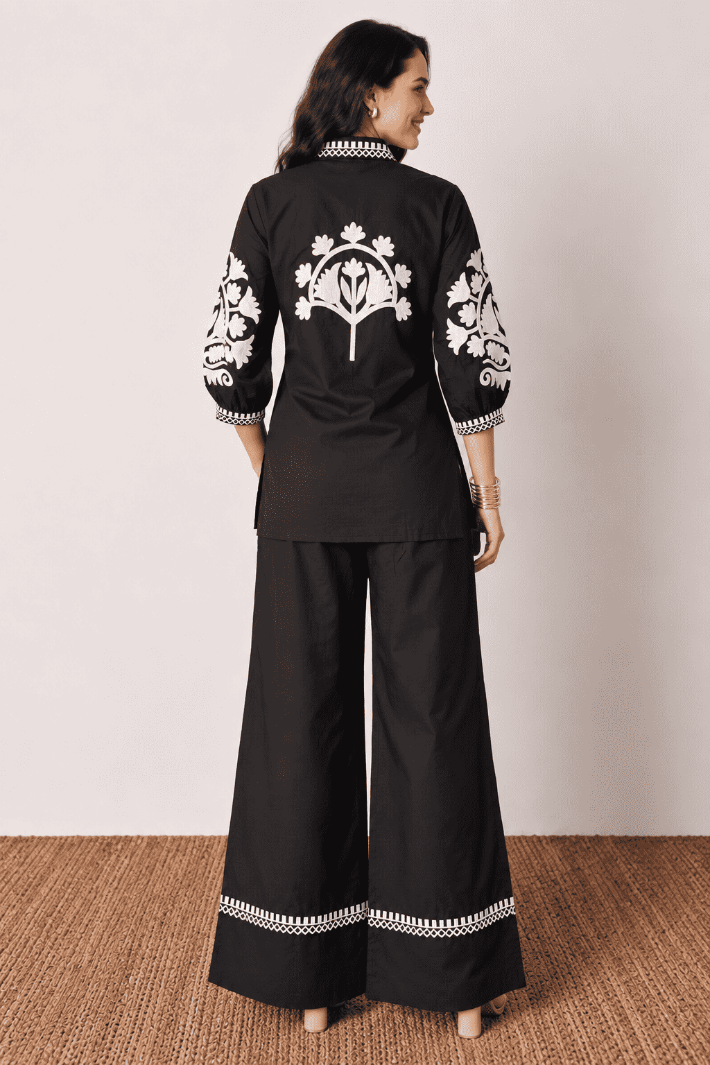 Black With White Thread Embroidered Short Kurta Pant Set