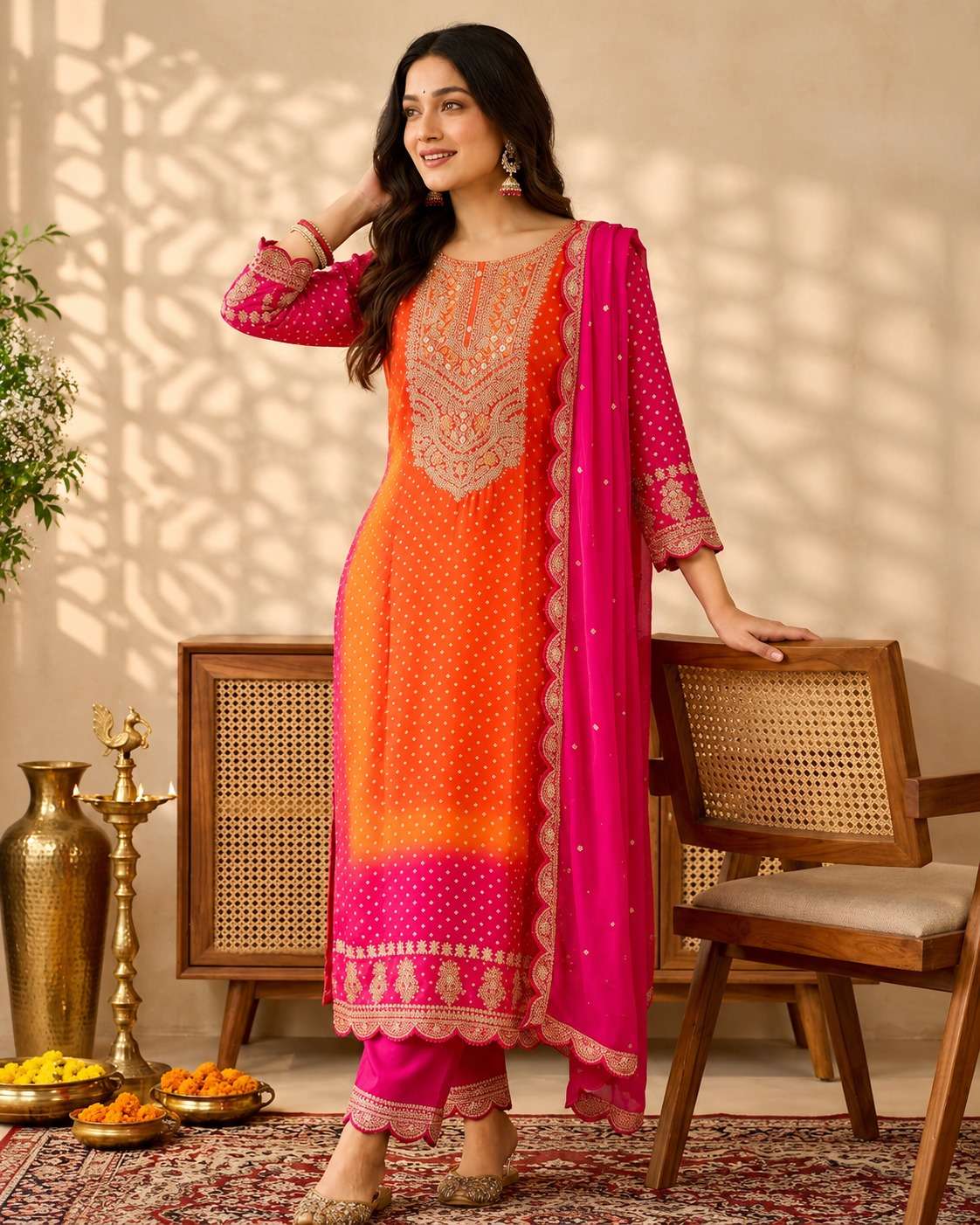 Orange Chinon Bandhani Kurta Set With Intricate Embroidery Paired With Fuchsia Pink Dupatta