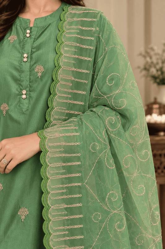 Green Silk Blend Embroidered Kurta Pant and Dupatta Set