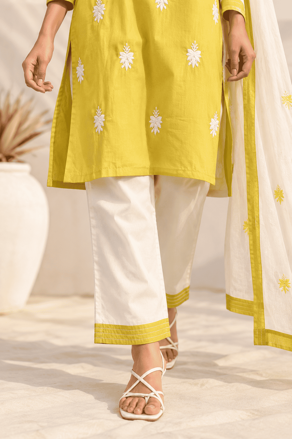 Yellow Embroidered Cotton Blend Kurta Pant and Dupatta
