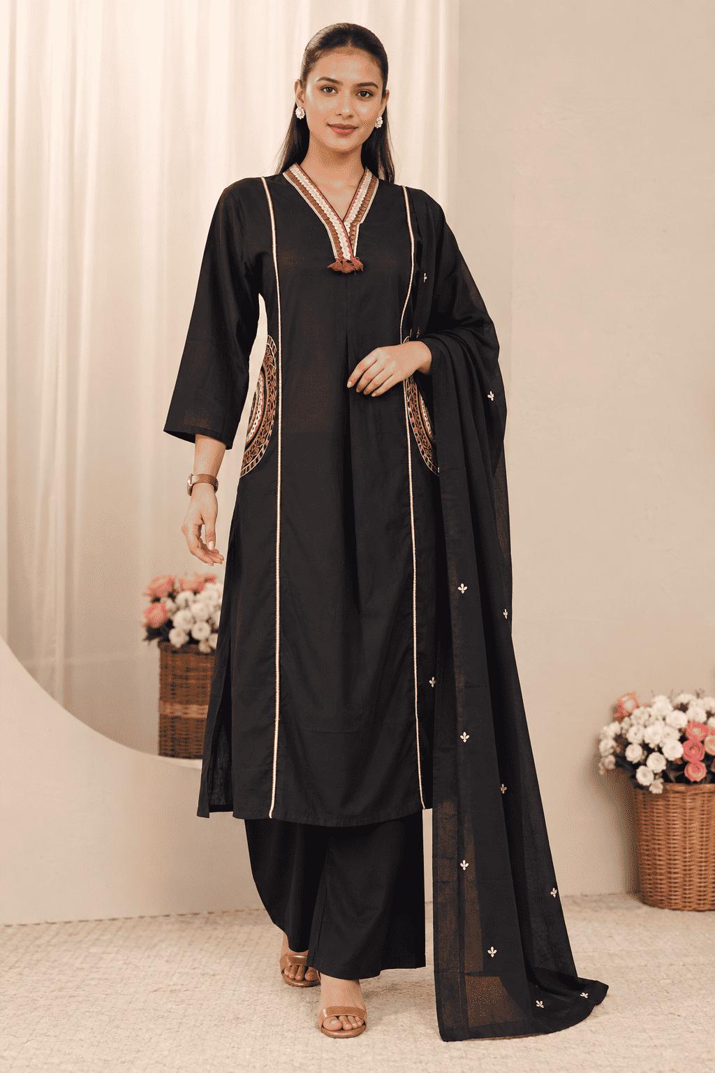 Black Embroidered Cotton Kurta and Pant with Dupatta