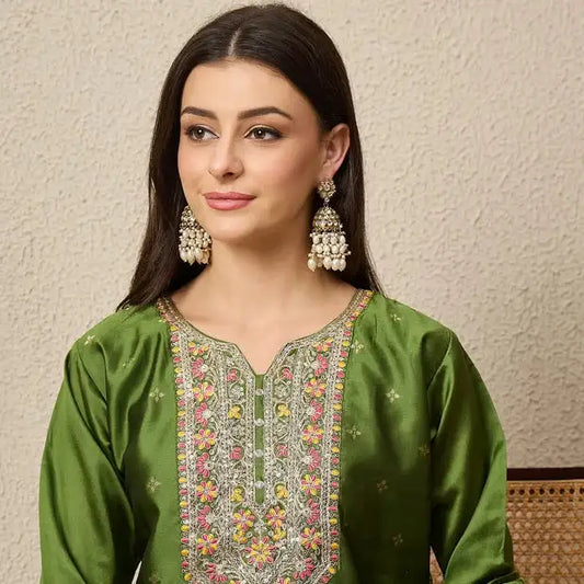 Mehendi Green Cotton Silk Embroidered Kurta Pant and Dupatta Set