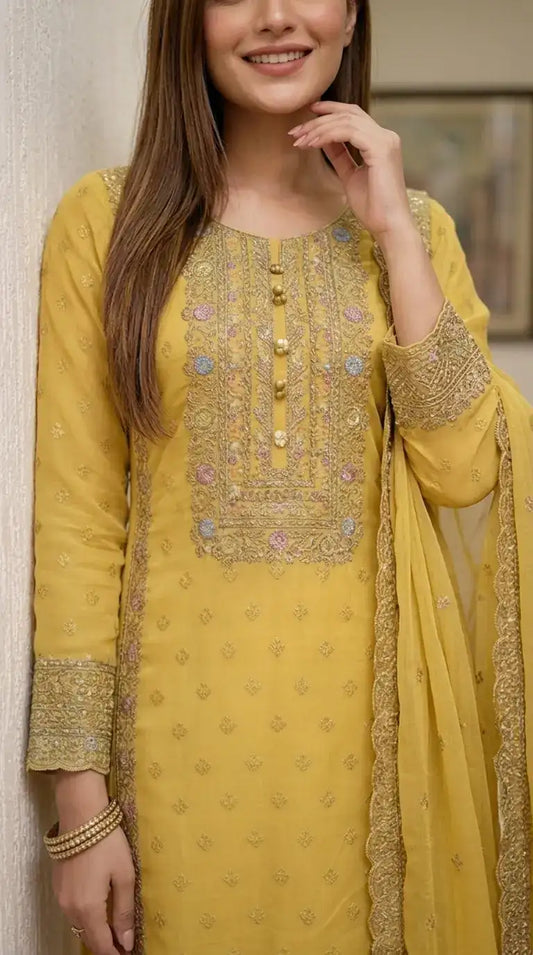 Semi-Stitched Pastel Yellow Organza With Embroidery Suit Material