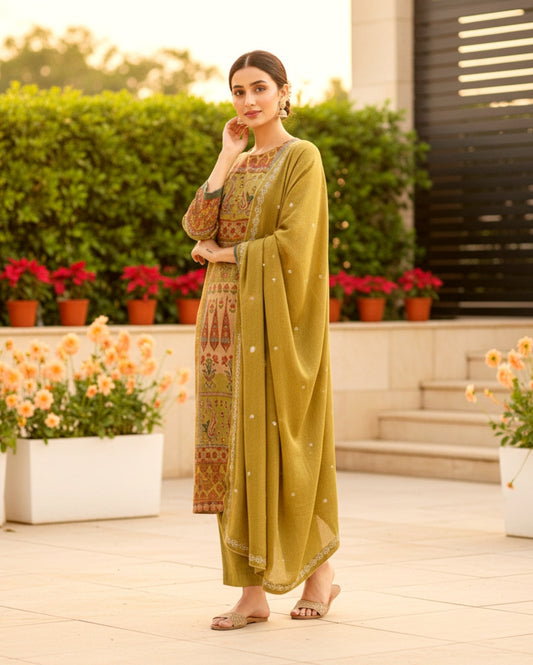 Mustard-Olive Green Digital Print Cotton Blend Suit With Pant And A Chiffon Dupatta